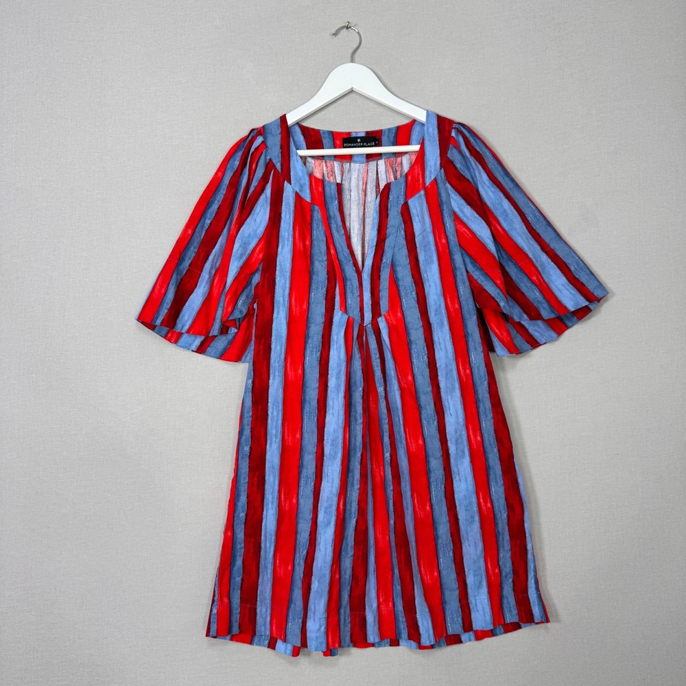 Pomander Place Painterly Stripe Finley Dress Womens M Red Linen Blend Nautical